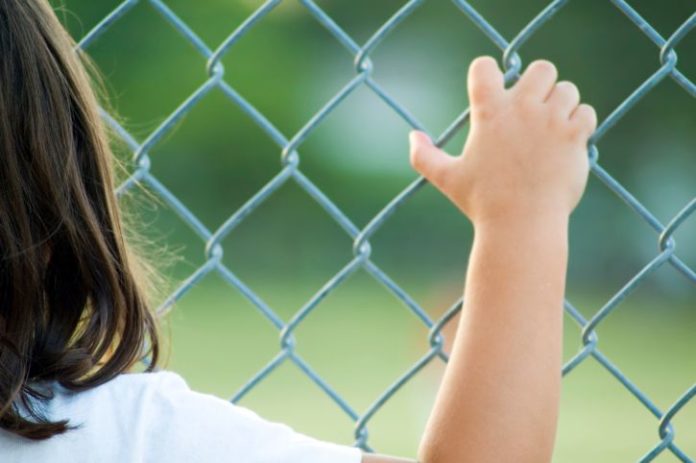 Rear view of a girl standing against a fence, facing a field.