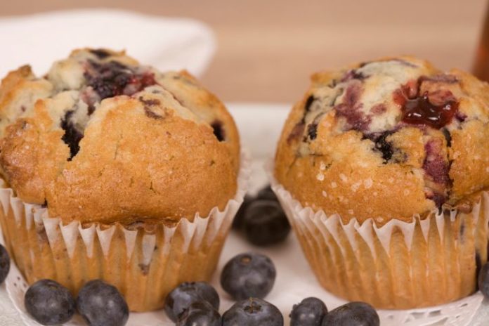 Two baked muffins with blueberries scattered around.