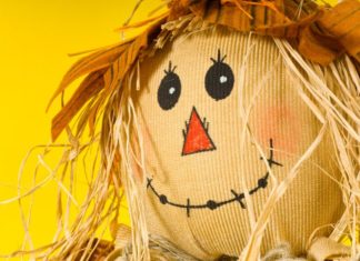 Close up of smiling scarecrow.