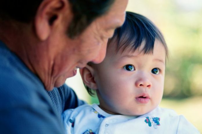 Grandfather smiles on as little boy looks out.