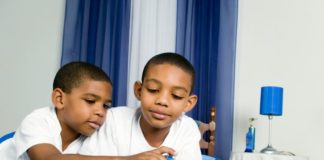 Brothers playing with toy car