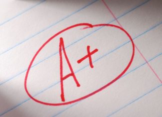 An A+ in red on a piece of lined paper.