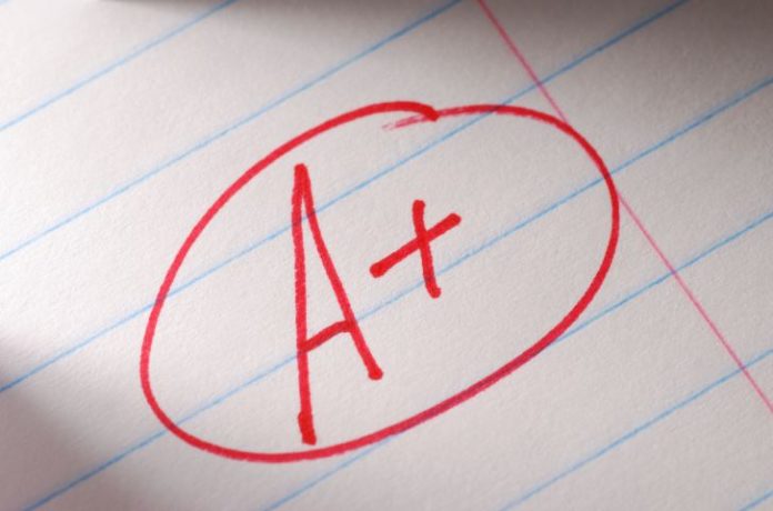 An A+ in red on a piece of lined paper.