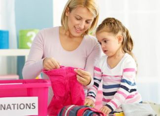 mother and child preparing donation