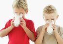 Two blond boys drinking milk