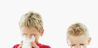 Two blond boys drinking milk